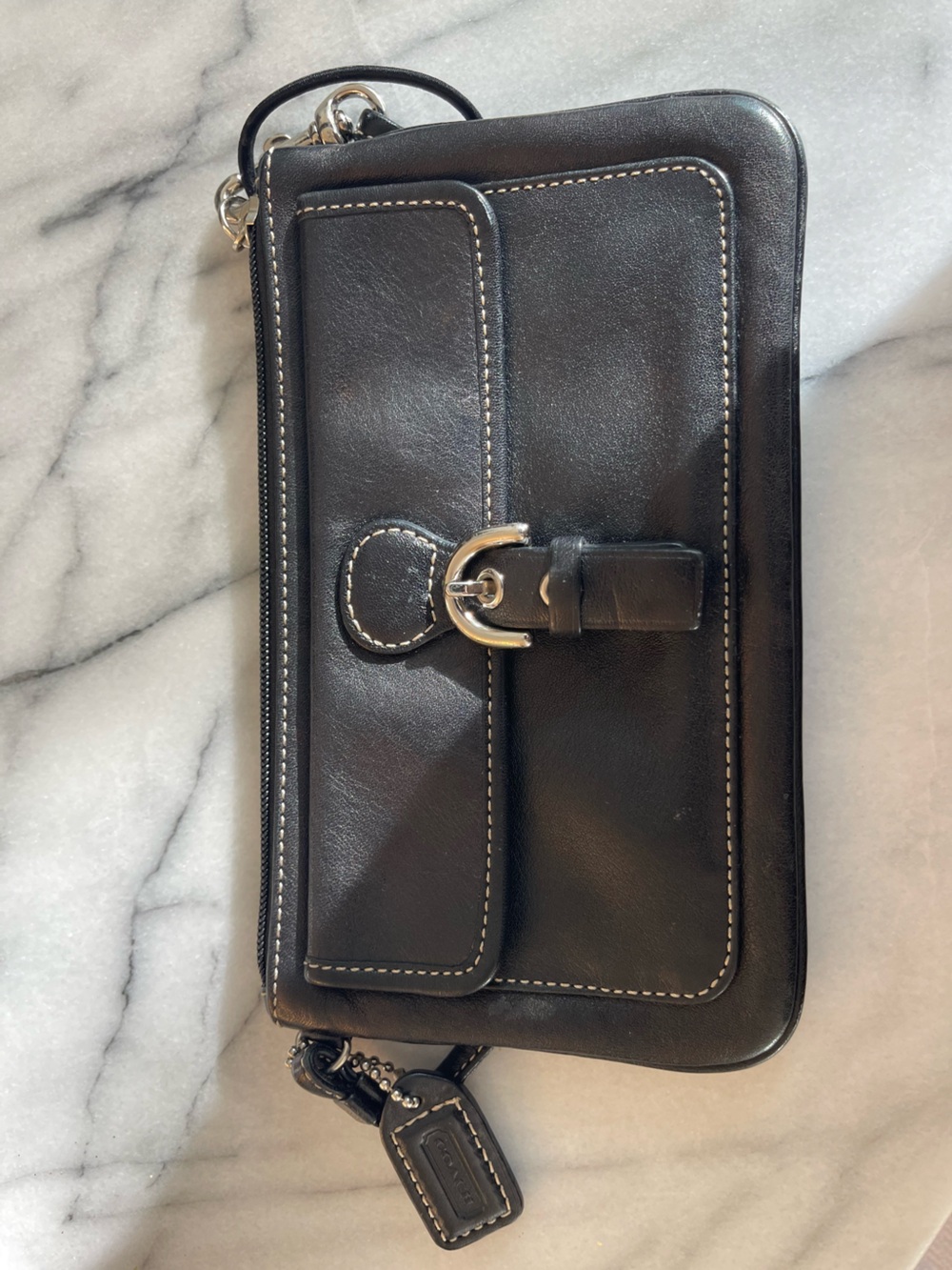 Coach Black Leather Wristlet with Contrast Stitching and Buckle